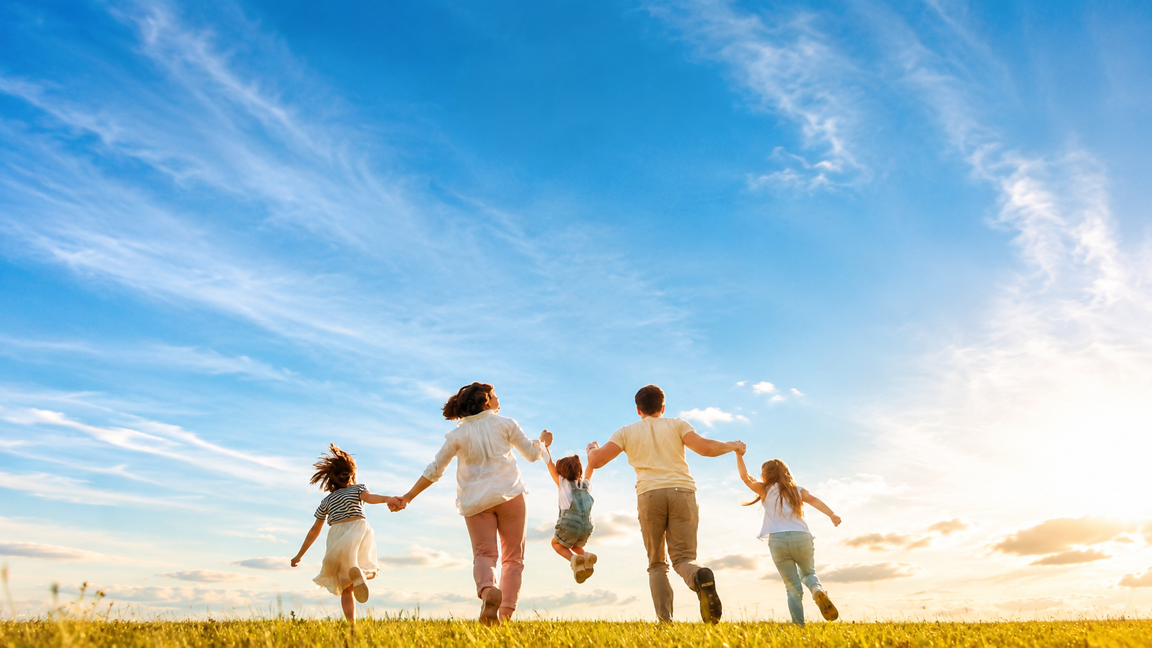 Familia corriendo de la mano sobre el pasto con el cielo al fondo, representando futuro, libertad y protección familiar
